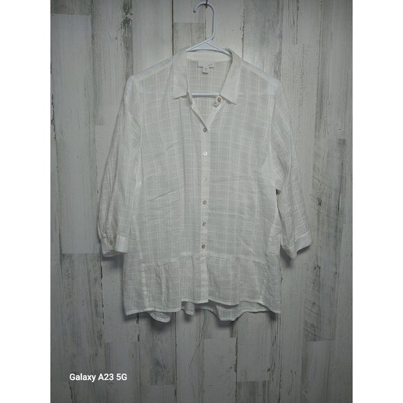 J. JILL Jacquard Blouse Shirt MP White 3/4 Sleeve Elliptical Button Up Classic - Picture 1 of 7